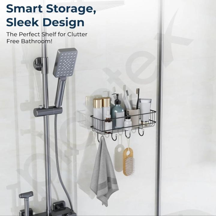 2-Pack Self-Adhesive Wall Shelf with Hooks – No-Drill Bathroom & Kitchen Organizer
