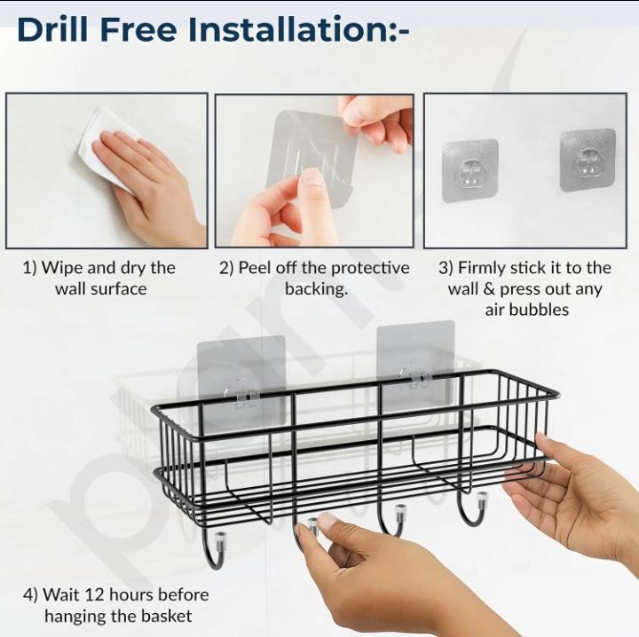 2-Pack Self-Adhesive Wall Shelf with Hooks – No-Drill Bathroom & Kitchen Organizer