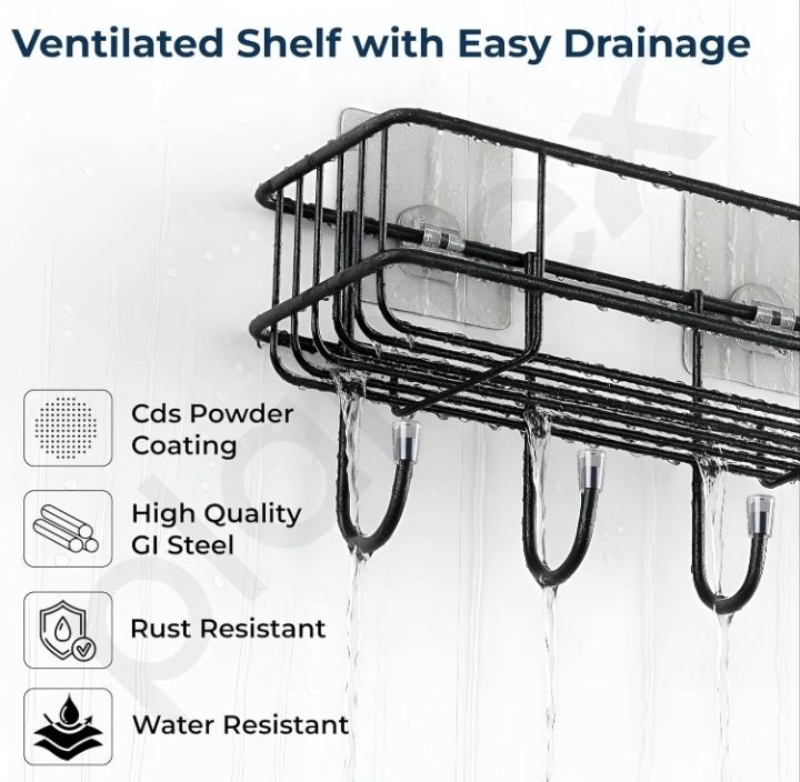 2-Pack Self-Adhesive Wall Shelf with Hooks – No-Drill Bathroom & Kitchen Organizer