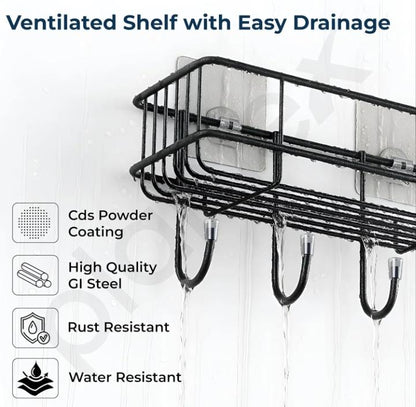 2-Pack Self-Adhesive Wall Shelf with Hooks – No-Drill Bathroom & Kitchen Organizer