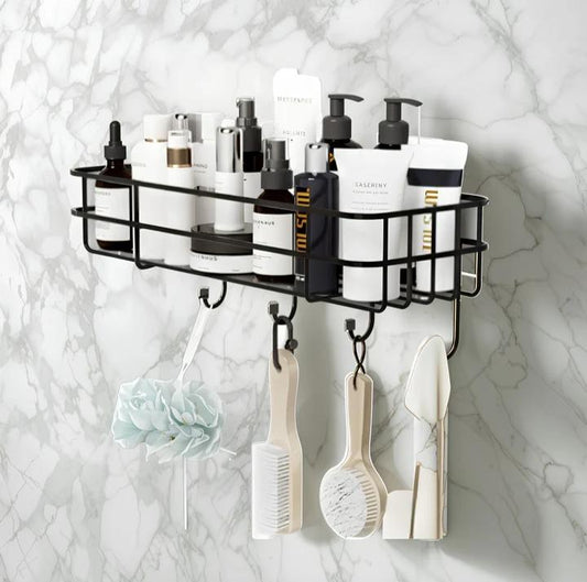 2-Pack Self-Adhesive Wall Shelf with Hooks – No-Drill Bathroom & Kitchen Organizer